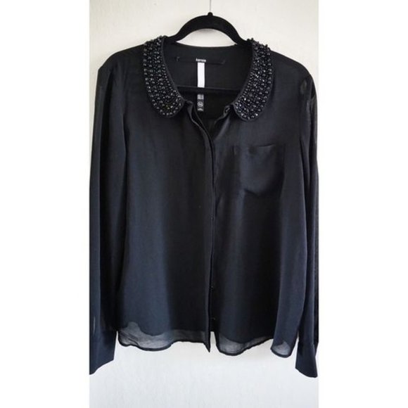 KENSIE Sheer Black Beaded Collar Blouse - Picture 2 of 4